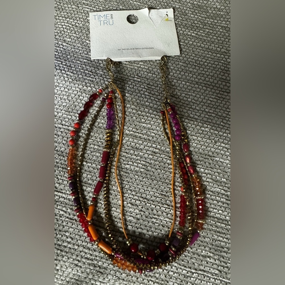 BNWT Time & Tru Multi-Strand Purple Red Orange Red Goldtone Beaded Necklace
